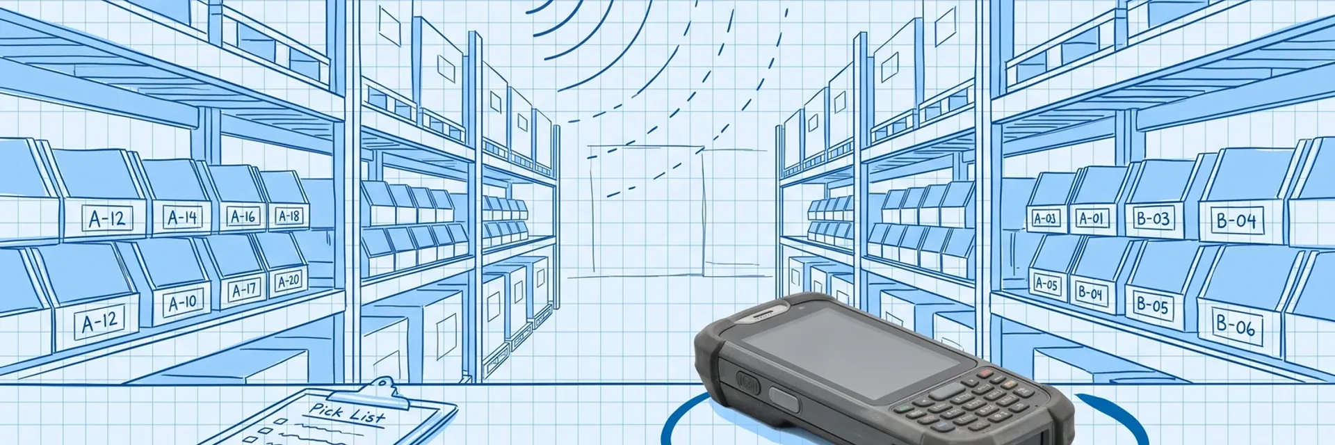 WMS mobile app: a photoreal rugged handheld mobile computer inside a deep-blue ring on a blueprint shelf beam, beside a blueprint clipboard pick list, under a ceiling access point whose signal arcs break into dashes down the aisle