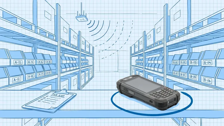 WMS mobile app: a photoreal rugged handheld mobile computer inside a deep-blue ring on a blueprint shelf beam, beside a blueprint clipboard pick list, under a ceiling access point whose signal arcs break into dashes down the aisle