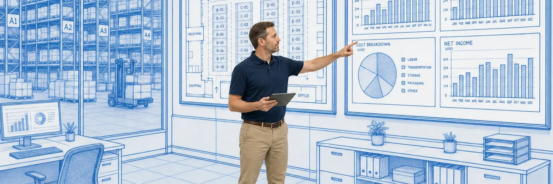 Warehouse manager reviewing a split screen of warehouse floor plan and business dashboard in a blueprint operations environment