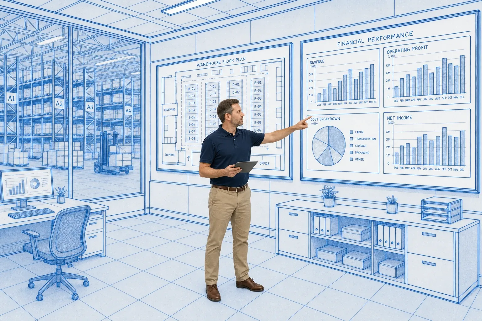 Warehouse manager reviewing a split screen of warehouse floor plan and business dashboard in a blueprint operations environment
