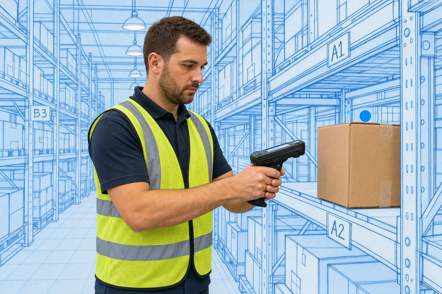 Warehouse picker scanning bin locations in a blueprint-style warehouse environment with labeled shelves and a pick confirmation screen