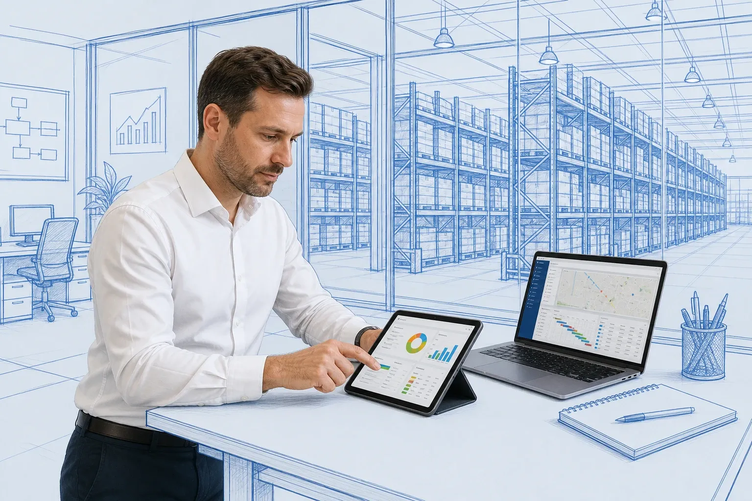 Business analyst reviewing warehouse inventory data on a tablet alongside a financial ERP dashboard in a blueprint office environment