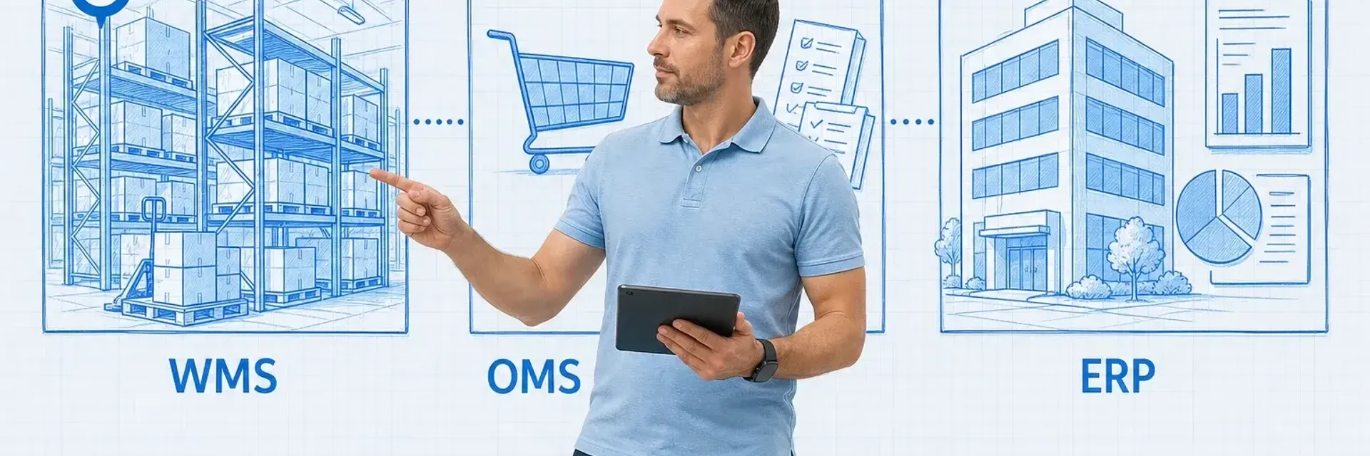 Operations manager holding a tablet and pointing at three blueprint panels on pale-blue grid paper labeled WMS, OMS, and ERP — warehouse racking under WMS marked by a cyan ring, an order cart and tickets under OMS, and an office building with finance charts under ERP