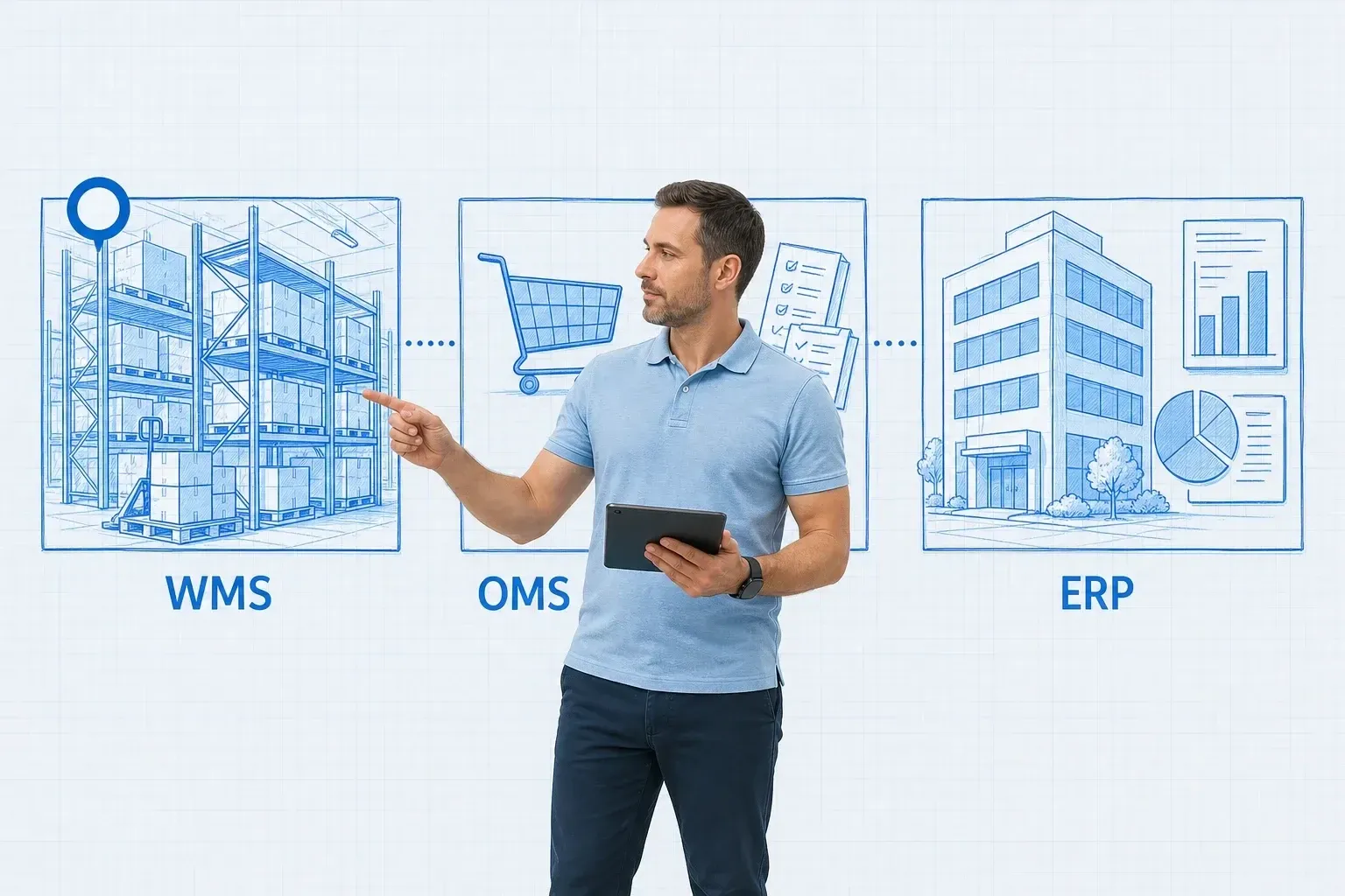 Operations manager holding a tablet and pointing at three blueprint panels on pale-blue grid paper labeled WMS, OMS, and ERP — warehouse racking under WMS marked by a cyan ring, an order cart and tickets under OMS, and an office building with finance charts under ERP